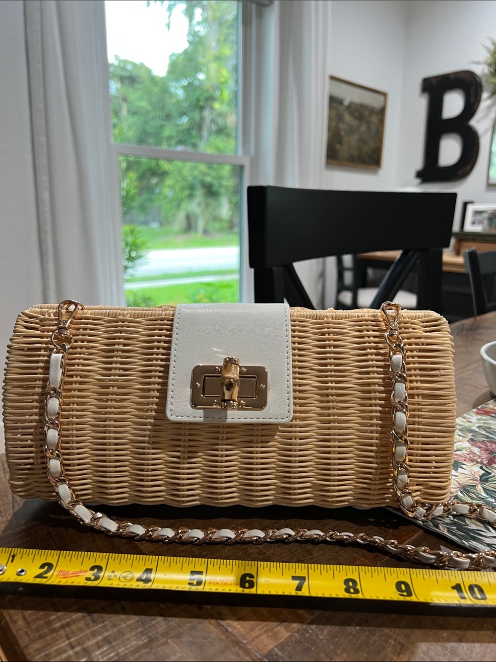 Tommy Bahama woven rattan handbag creamy white gold chain shoulder bag NWOT